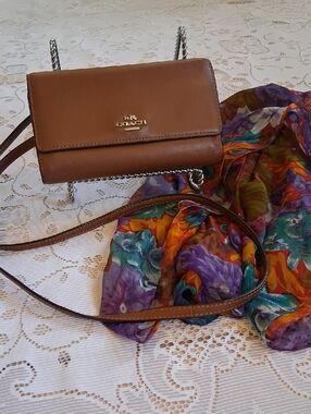 Coach Tan Brown Leather Crossbody/Wallet with Chain Strap, Bonus Flower Scarf